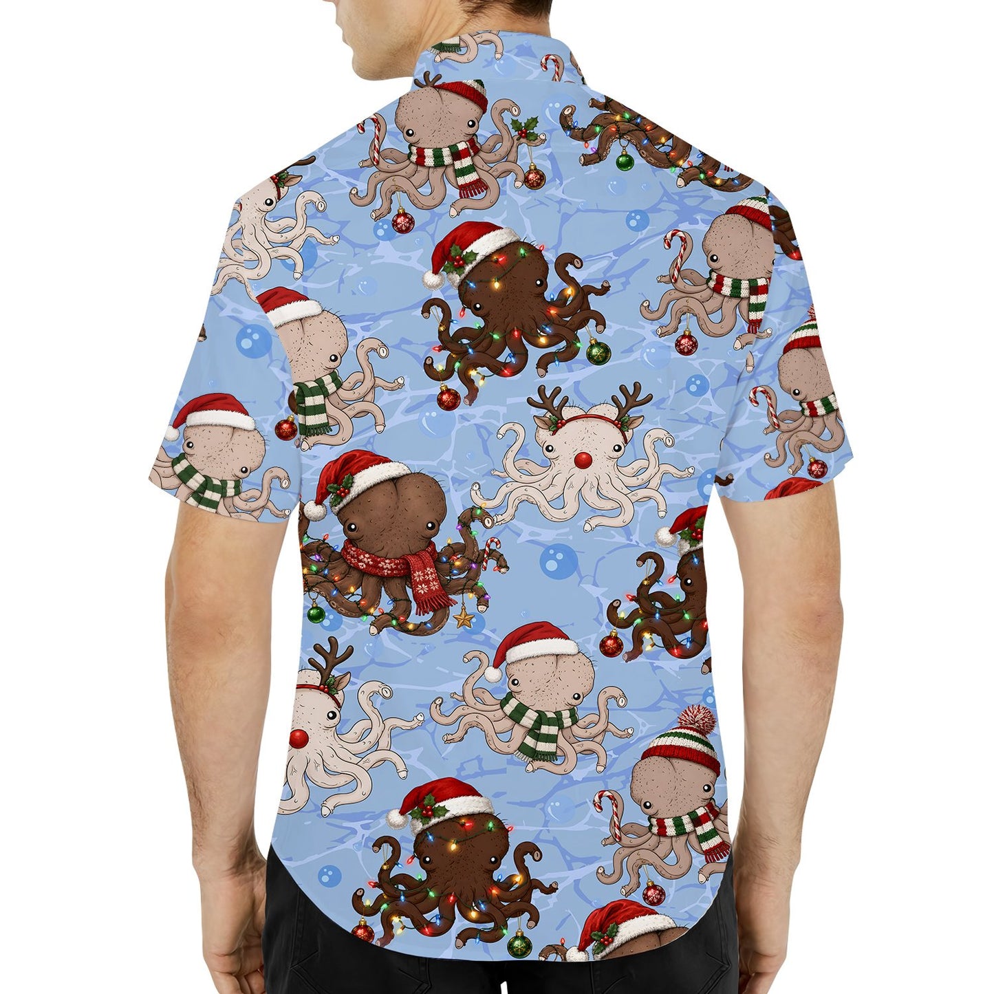 Detailed back view showing snowflakes and octopuses wearing scarves