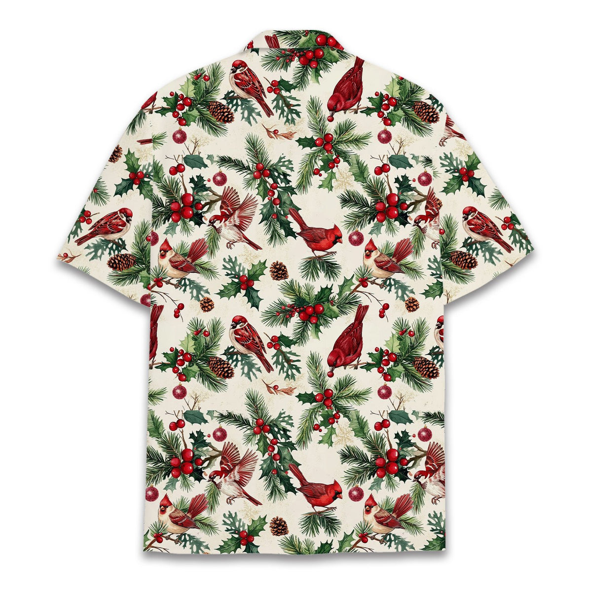Close-up back view of the festive red and green christmas hawaiian shirt