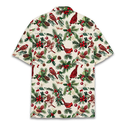 Close-up back view of the festive red and green christmas hawaiian shirt