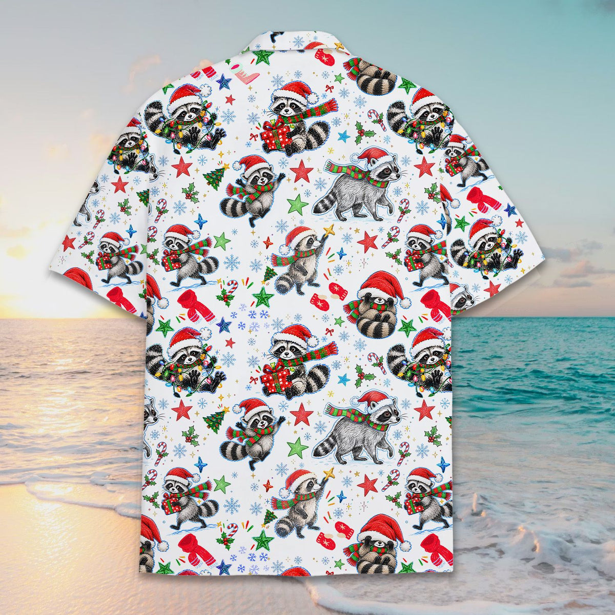 Back view showcasing the candy cane and raccoon design.