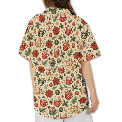 Christmas hawaiian shirt with hot cocoa and gingerbread print, back view