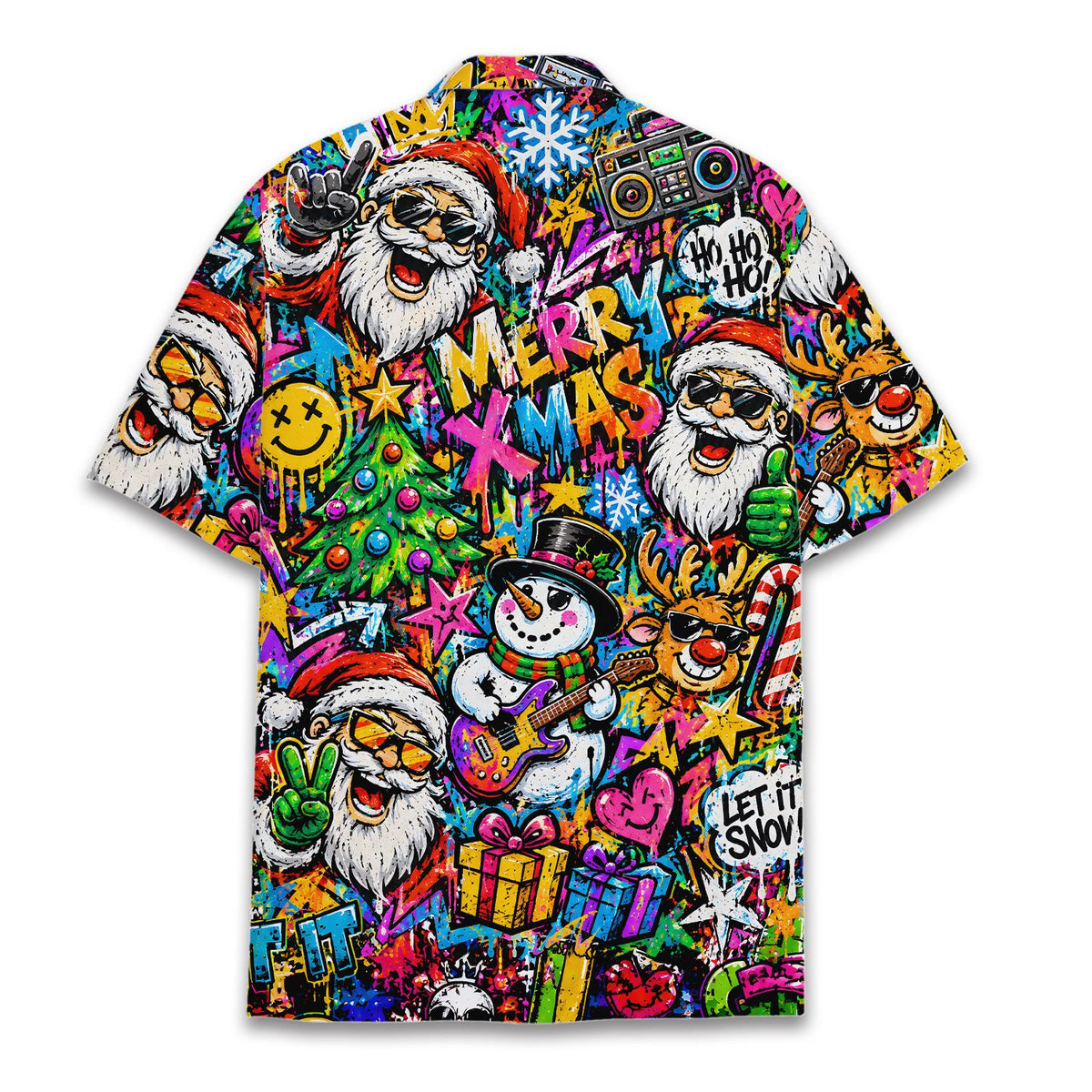 Back view of the multicolor christmas hawaiian shirt showing graffiti pattern