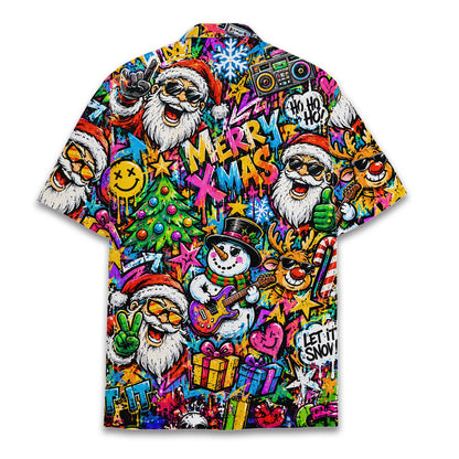 Back view of the multicolor christmas hawaiian shirt showing graffiti pattern