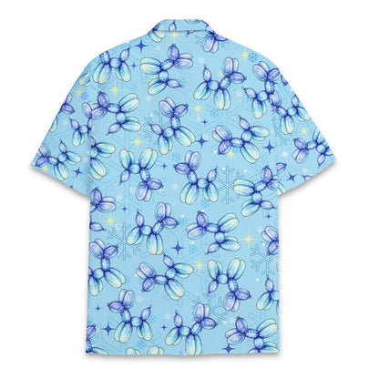 Light blue christmas hawaiian shirt with balloon dog and snowflake pattern, back view