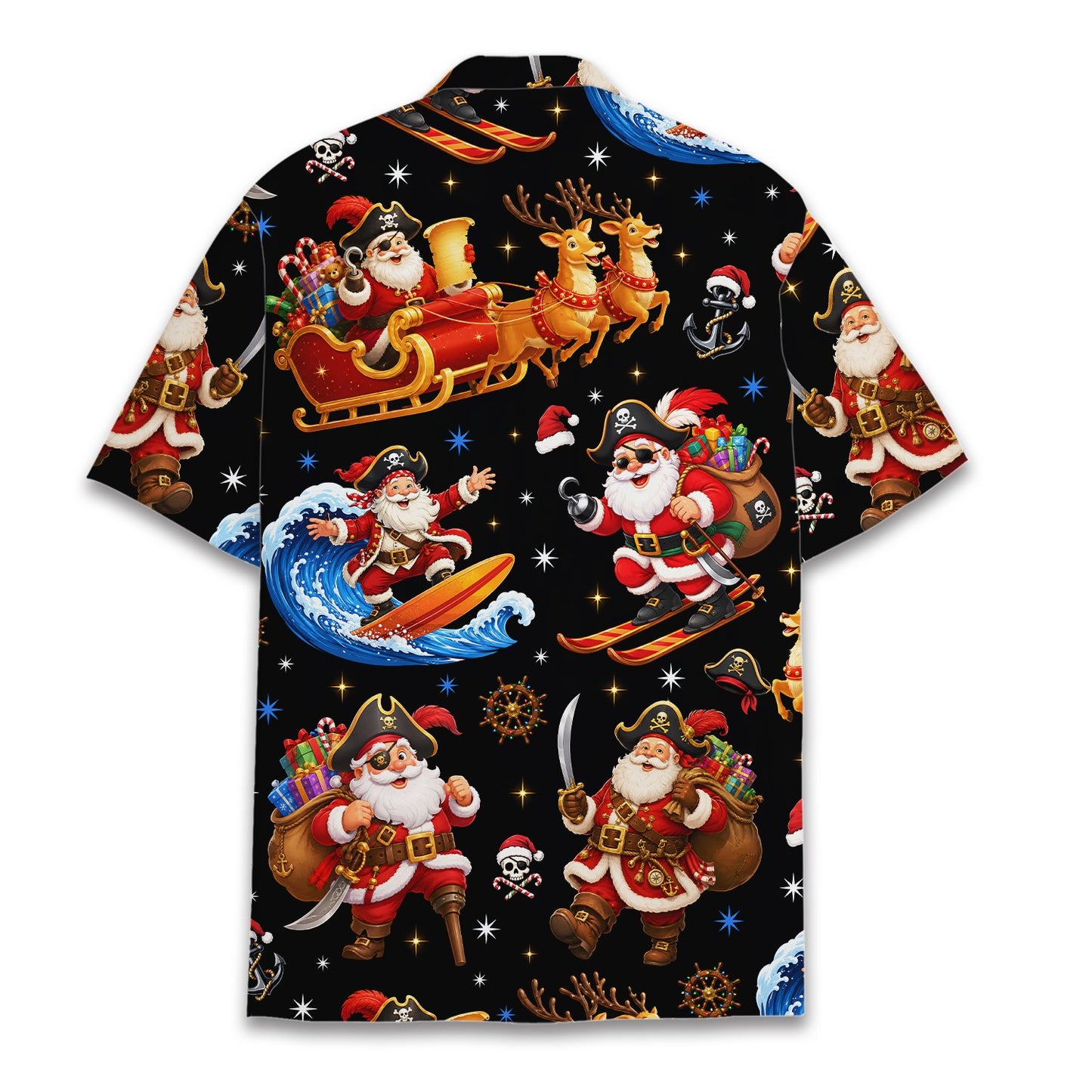 Back view of the black hawaiian christmas shirt featuring surfing Santa