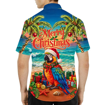 Back view of the matching family hawaiian shirts with sunset and ocean print