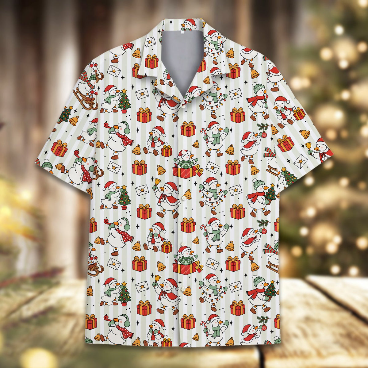 Back view of the festive duck Christmas hawaiian shirt