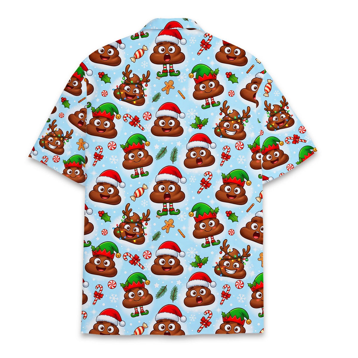 Back view of the holiday emoji pattern Hawaiian shirt in light blue