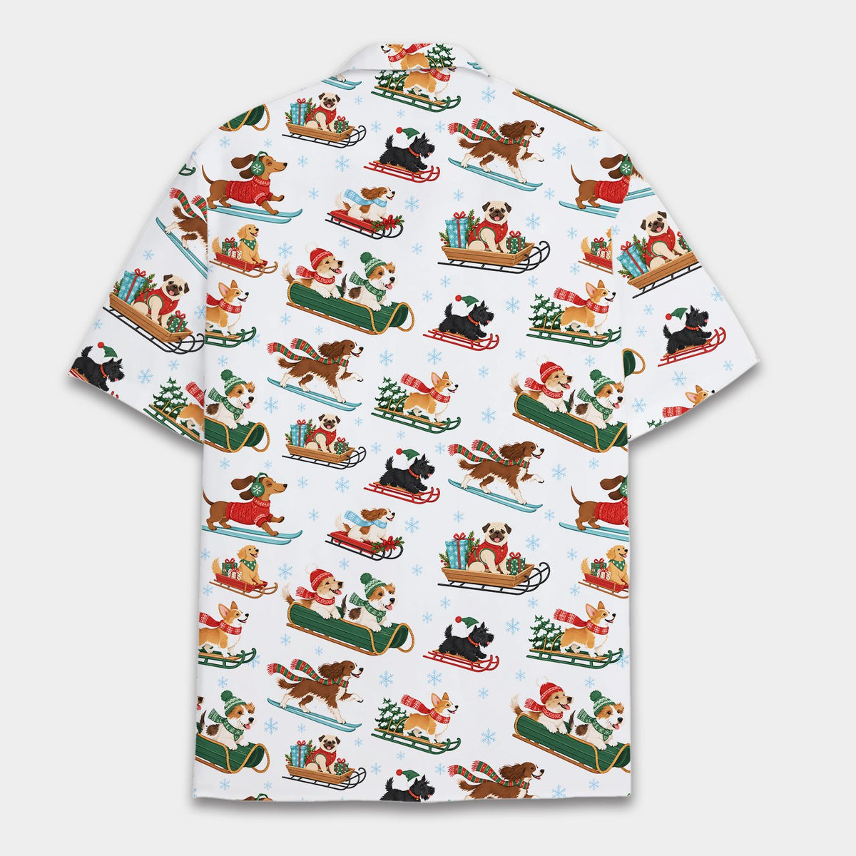 Back view of the matching family hawaiian shirt with winter dog pattern