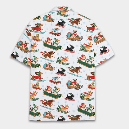 Back view of the matching family hawaiian shirt with winter dog pattern
