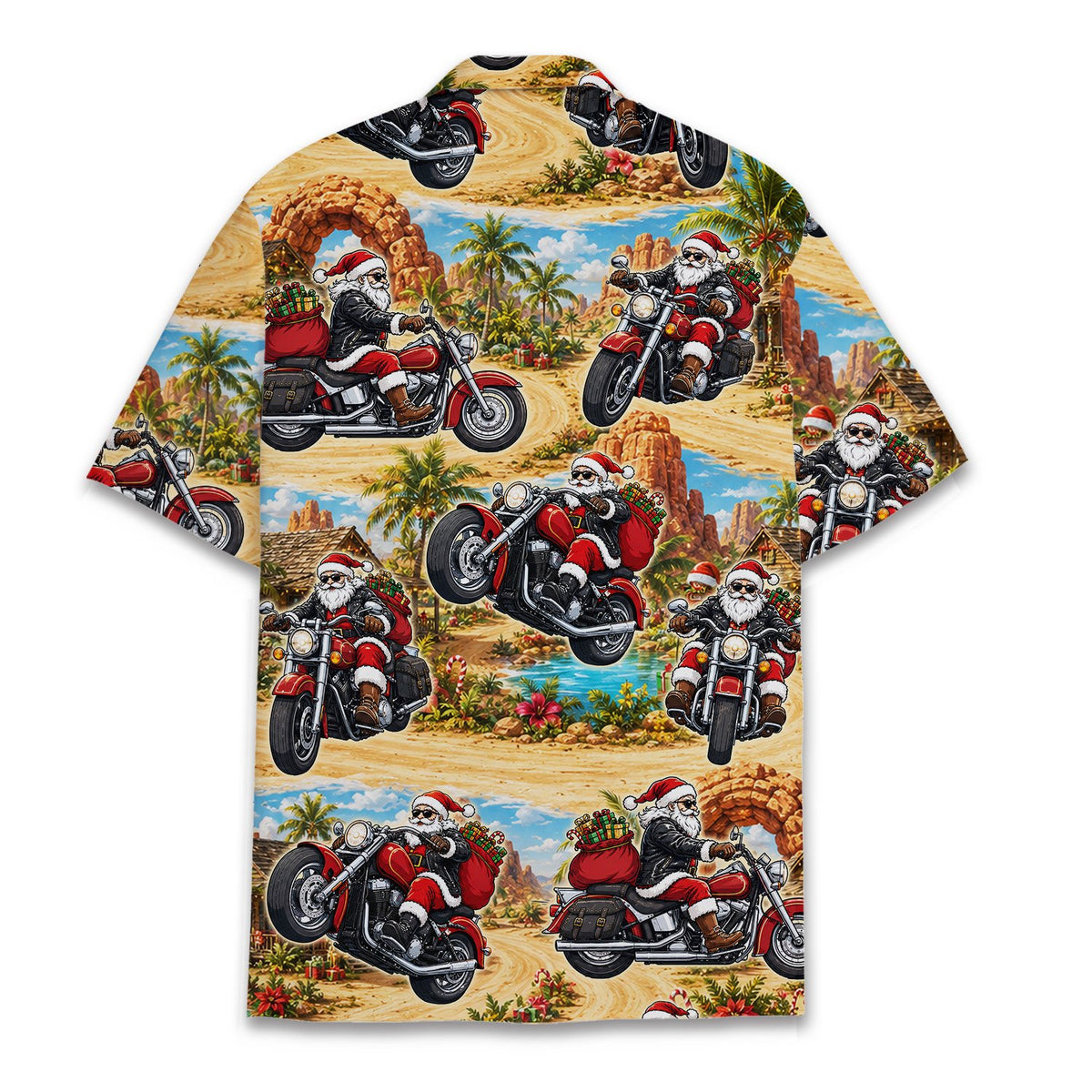 Back view of the matching family hawaiian shirt showing the full desert holiday scene