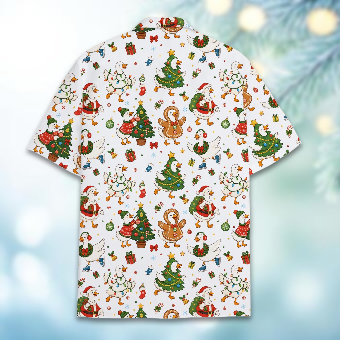 Back view of the matching family christmas hawaiian shirt featuring festive ducks