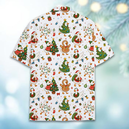 Back view of the matching family christmas hawaiian shirt featuring festive ducks