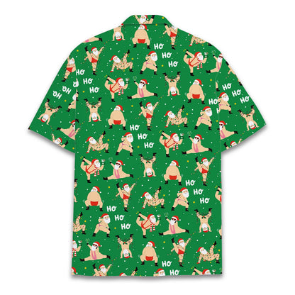 Back view of the christmas hawaiian shirt with repeating yoga Santa pattern