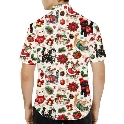 Back view of the matching family hawaiian shirt with festive cats