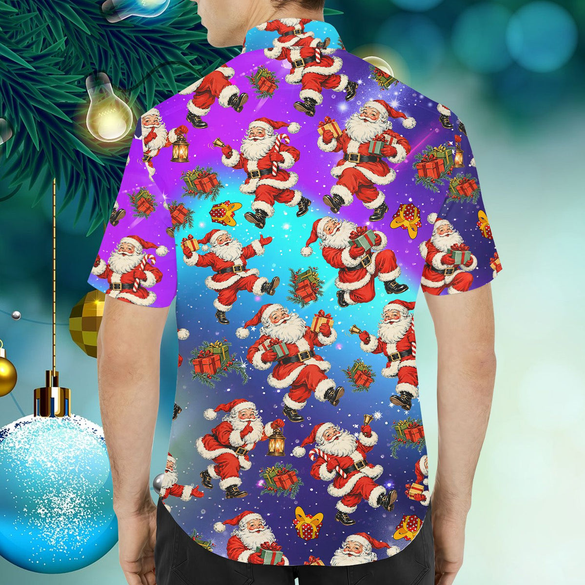 Back view of Christmas hawaiian shirt with retro Santa pattern