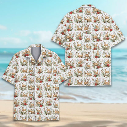 Back view of the Christmas hawaiian shirt showing the continuous holiday pattern