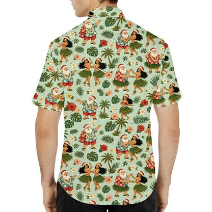 Back view of the tropical Santa green christmas hawaiian shirt