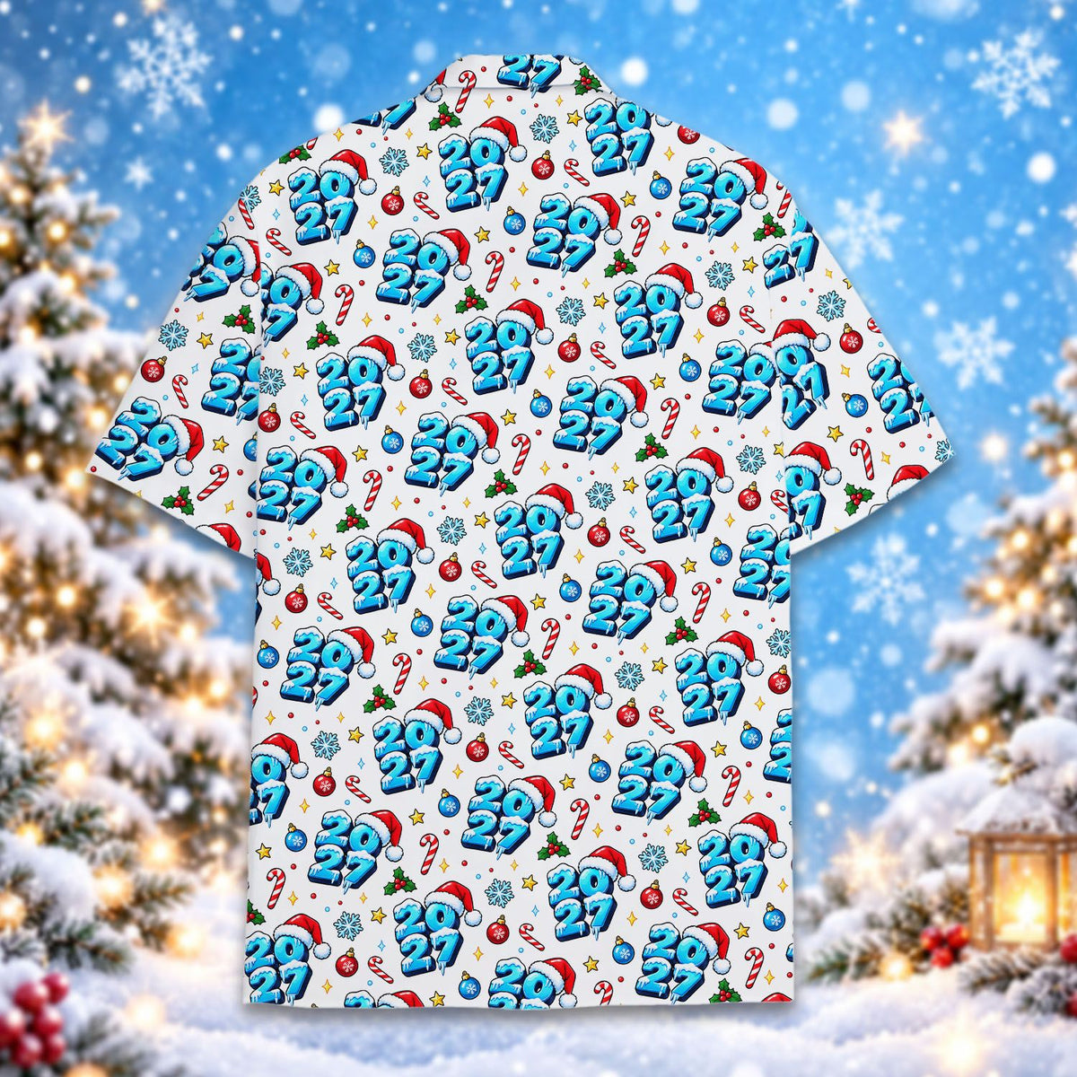 Back view of the matching family christmas hawaiian shirt displaying the repeating 2027 pattern