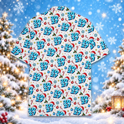 Back view of the matching family christmas hawaiian shirt displaying the repeating 2027 pattern