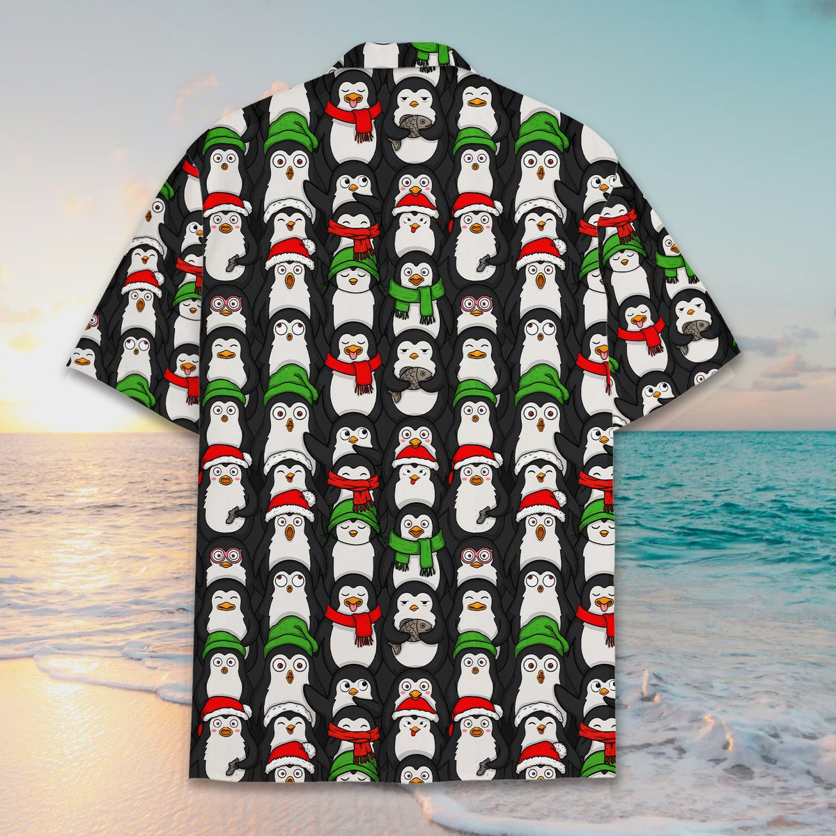 Back view of the matching family hawaiian shirt with holiday penguins