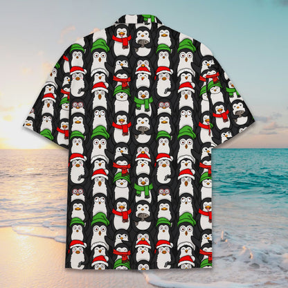 Back view of the matching family hawaiian shirt with holiday penguins