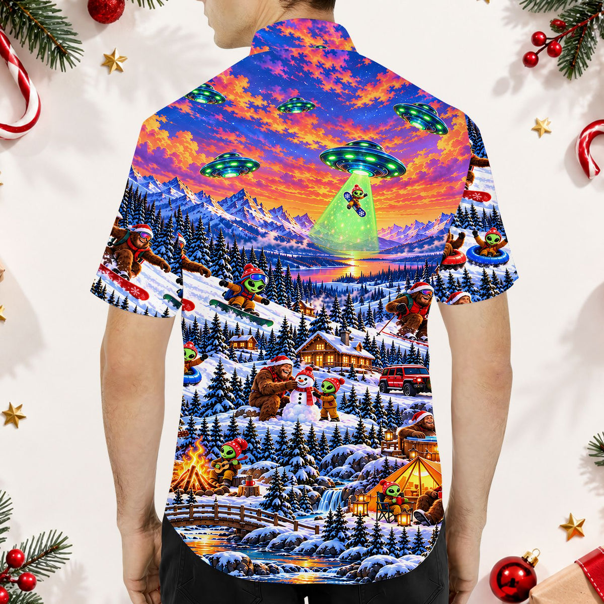 Snowy alien christmas hawaiian shirt back view featuring alien and bigfoot scene