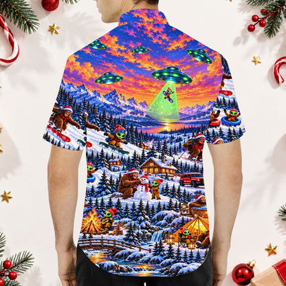 Snowy alien christmas hawaiian shirt back view featuring alien and bigfoot scene