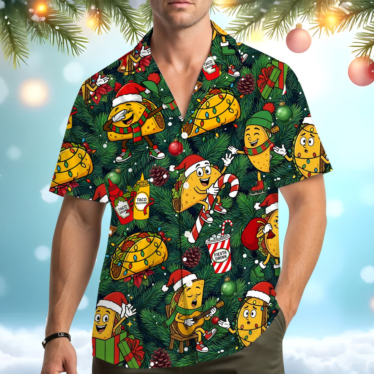 Back view of the matching family christmas hawaiian shirt with pine needle background