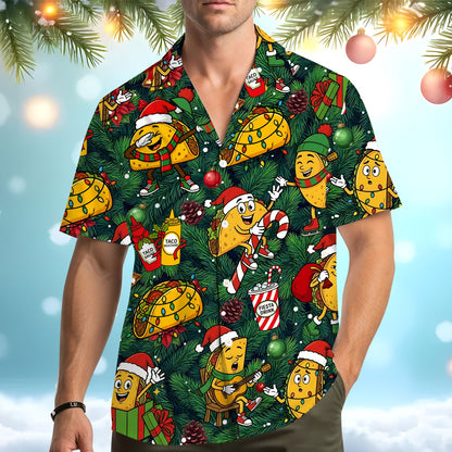 Back view of the matching family christmas hawaiian shirt with pine needle background