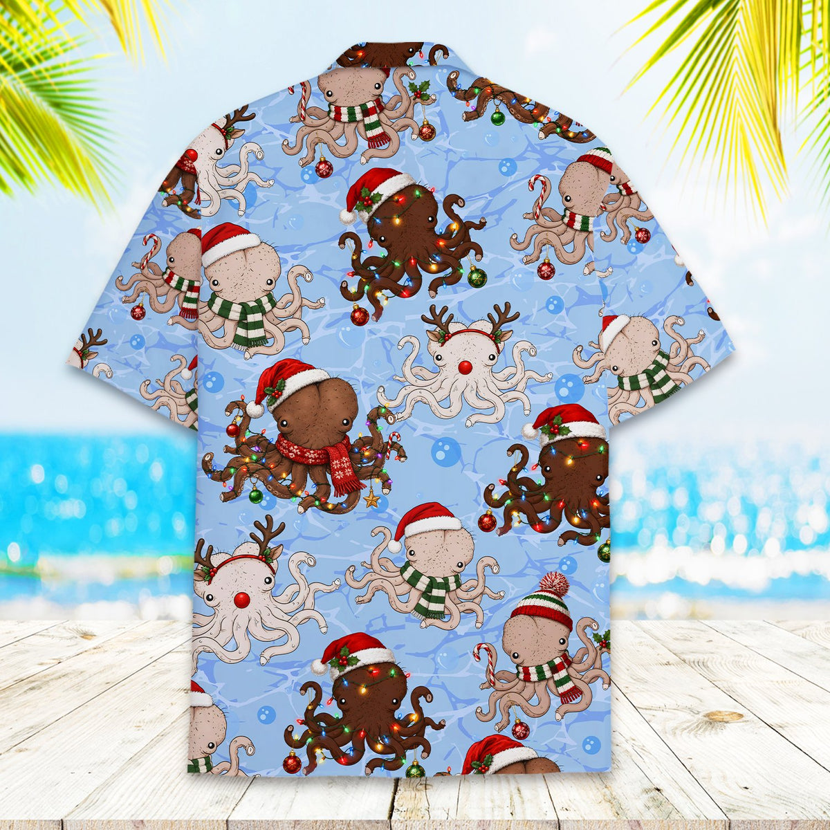 Back view of the matching family hawaiian shirt with festive octopuses