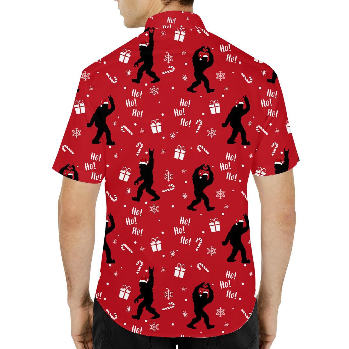 Back view of the matching family Hawaiian shirts showing the repeating holiday pattern