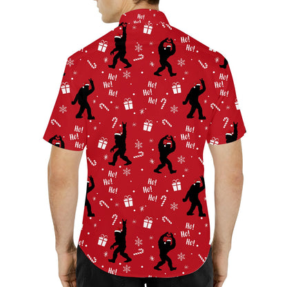 Back view of the matching family Hawaiian shirts showing the repeating holiday pattern