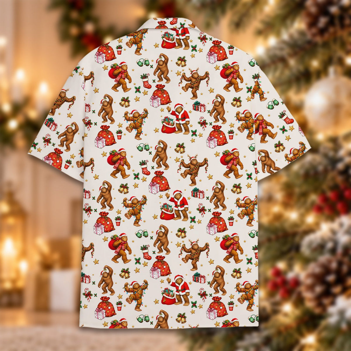 Back view of the christmas hawaiian shirt with bigfoot pattern