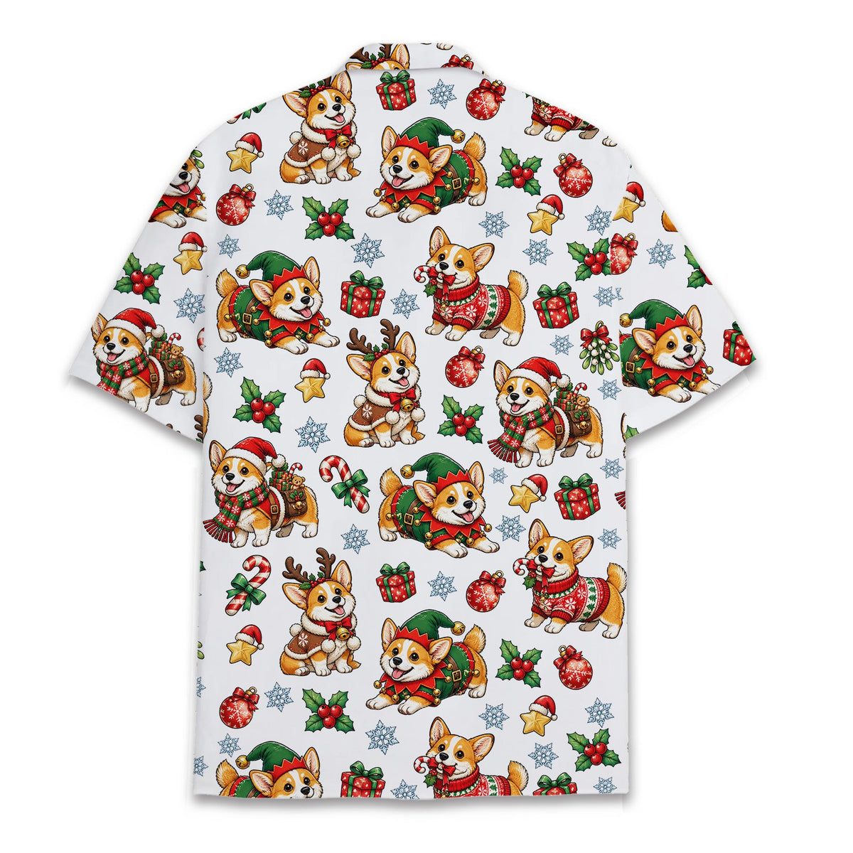 Back view of the matching family hawaiian shirts with corgi print