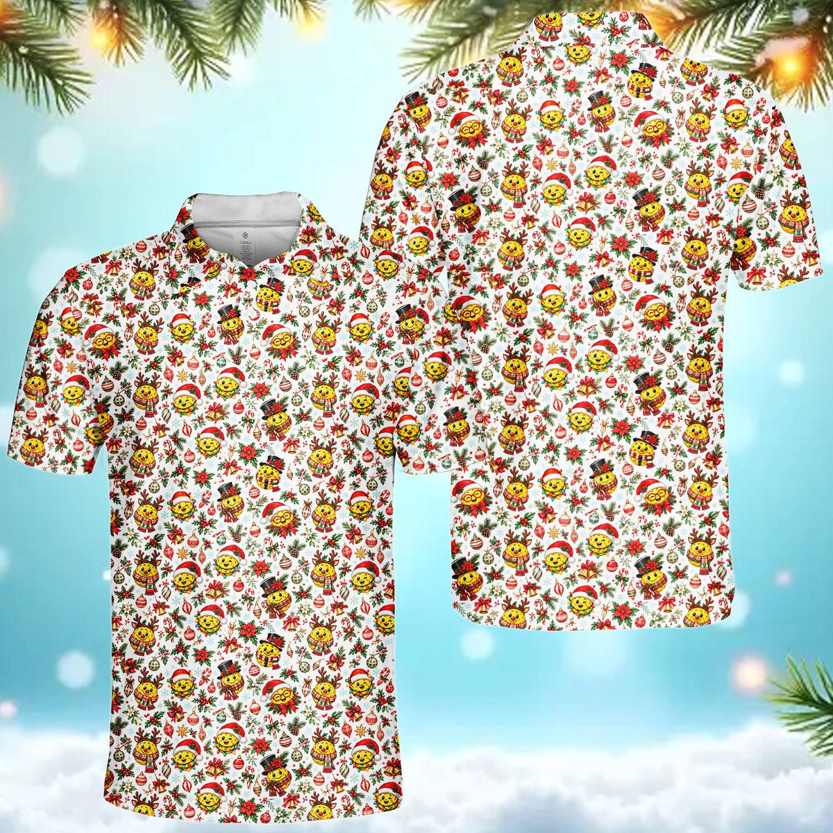 Back view of the christmas hawaiian shirt showing the repeating holiday pattern
