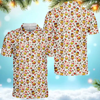 Back view of the christmas hawaiian shirt showing the repeating holiday pattern