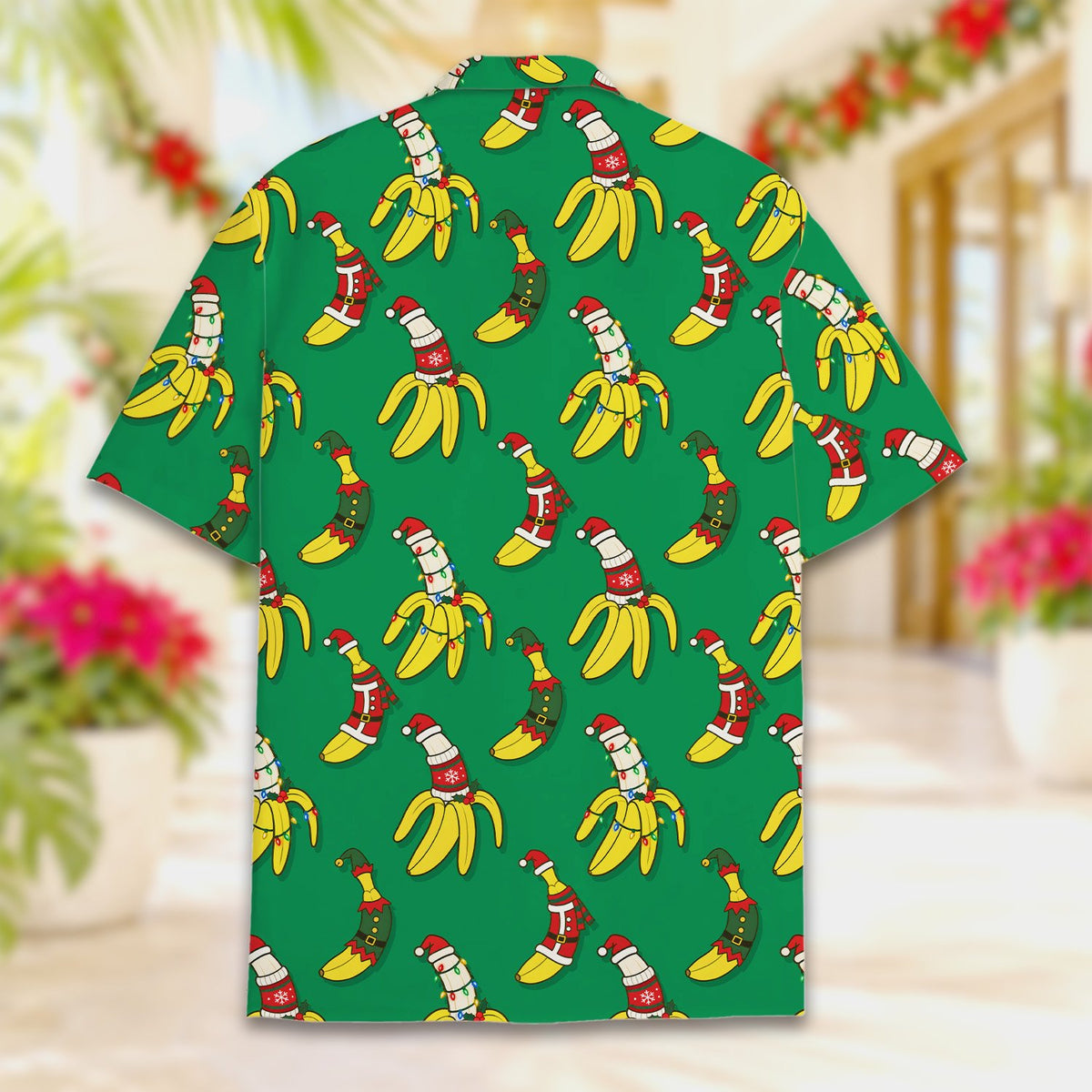 Back view of the multicolor matching family hawaiian shirt with holiday bananas