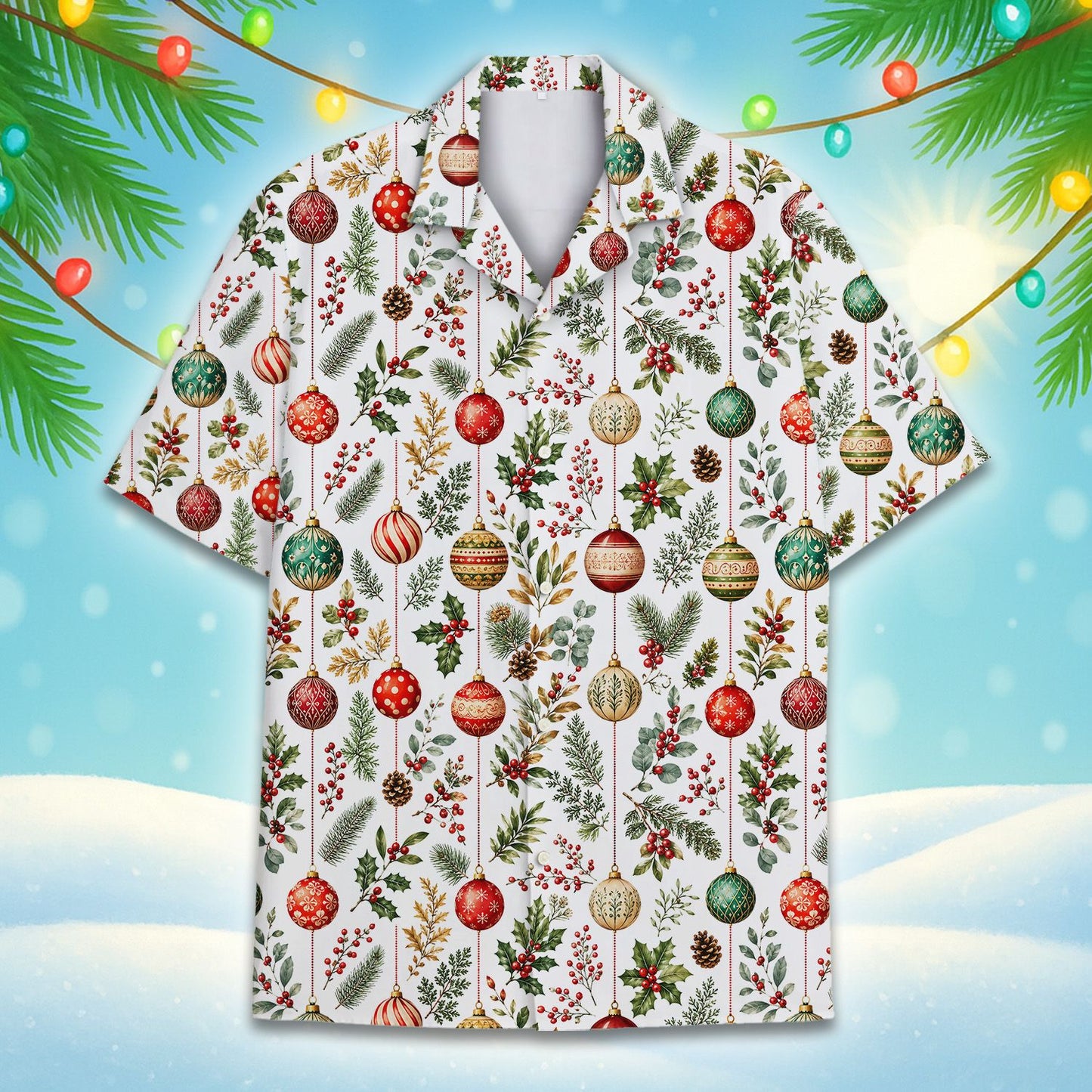 Back view of the christmas hawaiian shirt showing the all-over print