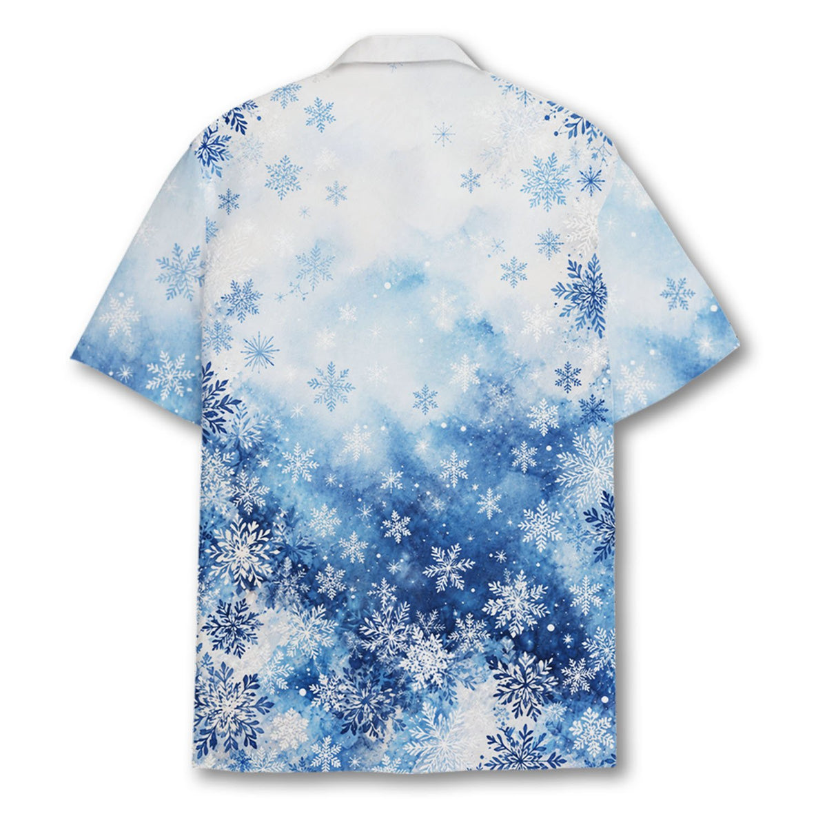 Back view of the blue holiday hawaiian shirt with Santa's sleigh