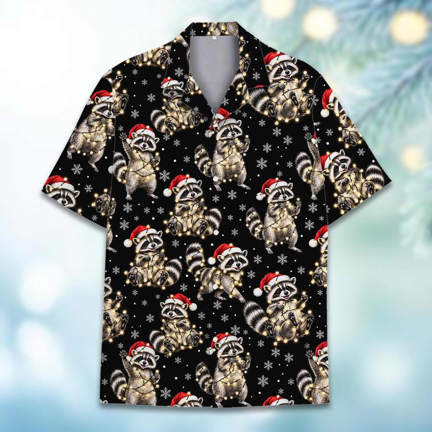Christmas hawaiian shirt womens featuring raccoons and holiday lights on a black background, back view