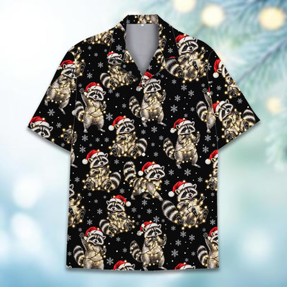 Christmas hawaiian shirt womens featuring raccoons and holiday lights on a black background, back view