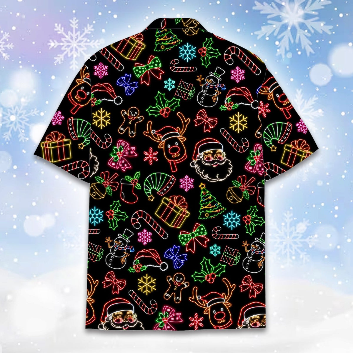 Back view of the matching family hawaiian shirt with neon Christmas design