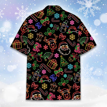 Back view of the matching family hawaiian shirt with neon Christmas design