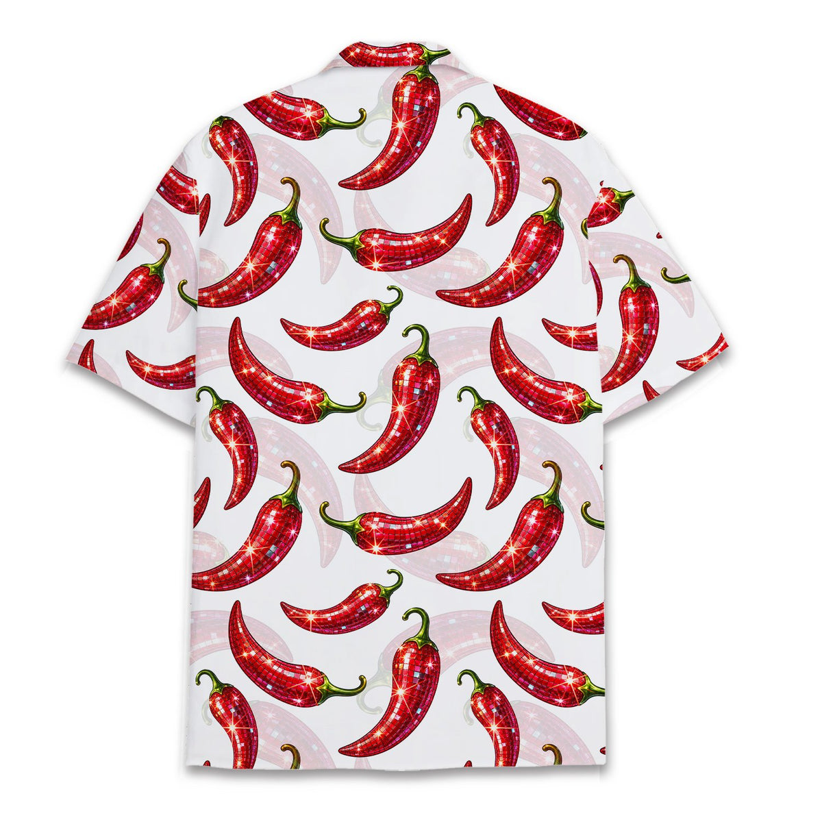White matching family Christmas hawaiian shirt featuring disco chili peppers, back view