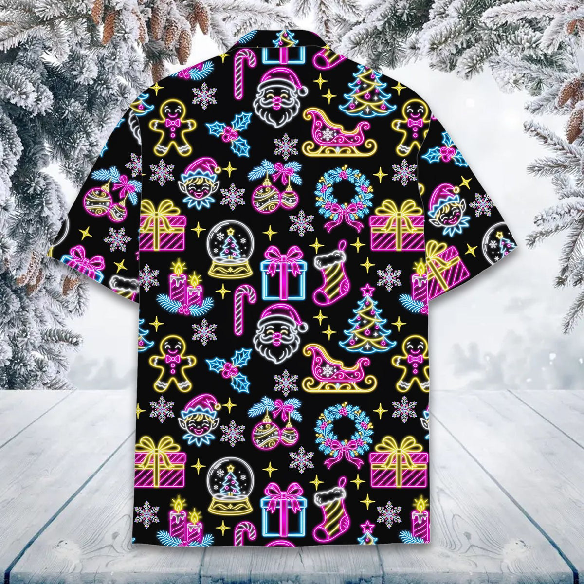 Neon christmas hawaiian shirt on black, back view