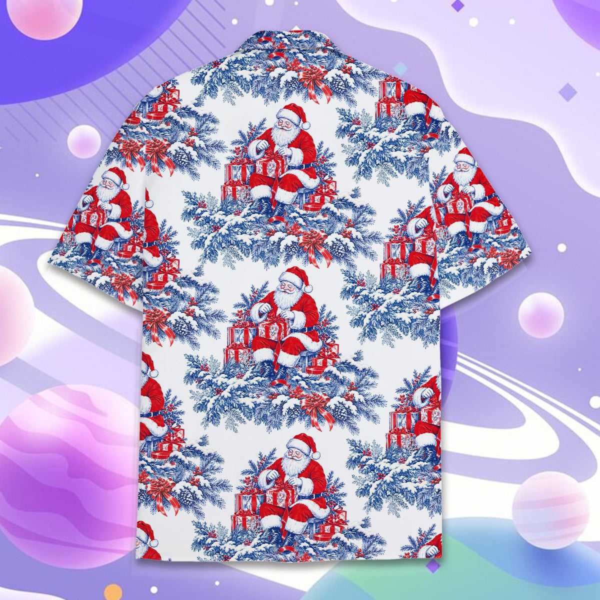 Back view of the festive christmas hawaiian shirt