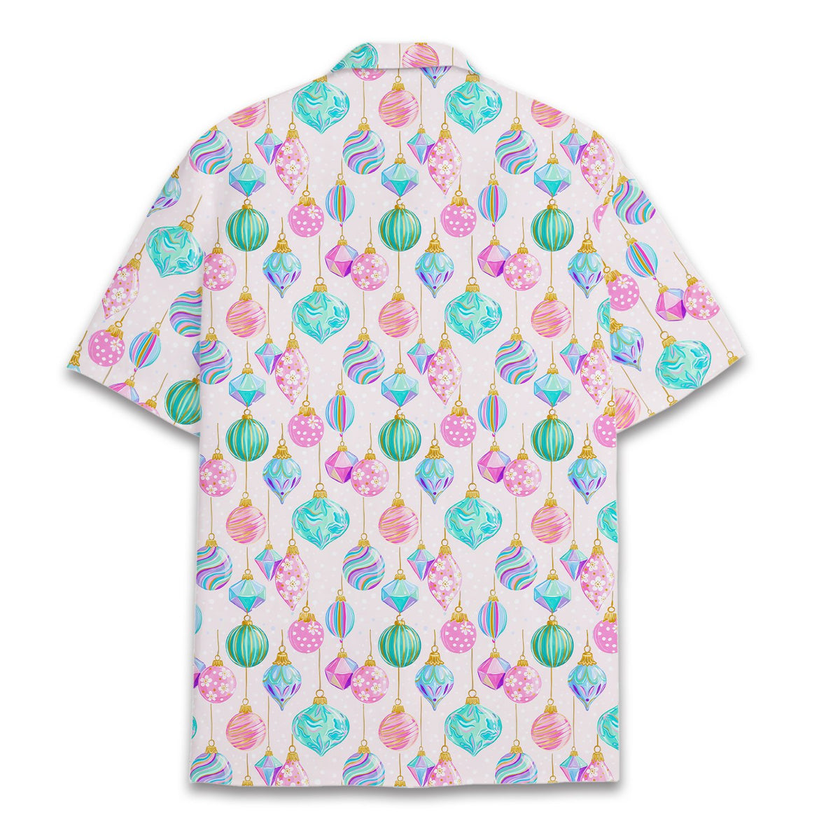 Back view of the holiday hawaiian shirt with pastel ornaments