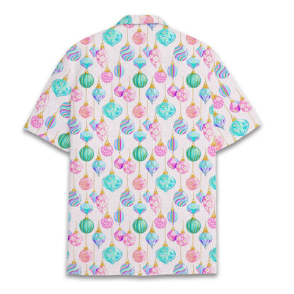 Back view of the holiday hawaiian shirt with pastel ornaments