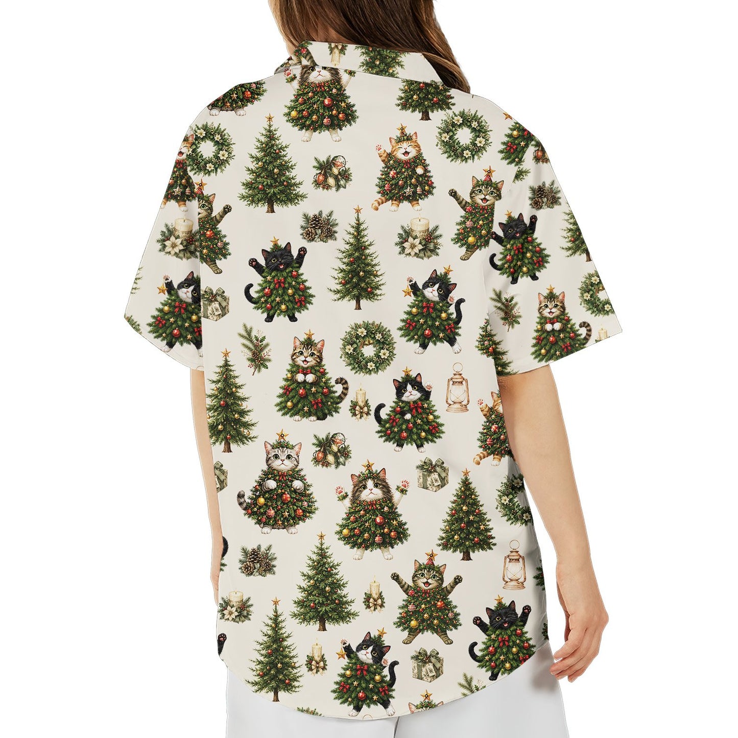 Back view of the Christmas hawaiian shirt featuring holiday cats and wreaths